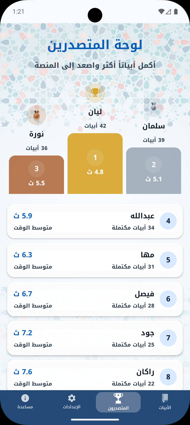 لوحة المتصدرين في تطبيق أبيات